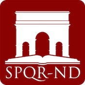 App icon, Roman arch over an open book. Captioned with SPQR-ND