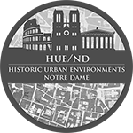 HUE logo; grey circle with city plan backdrop